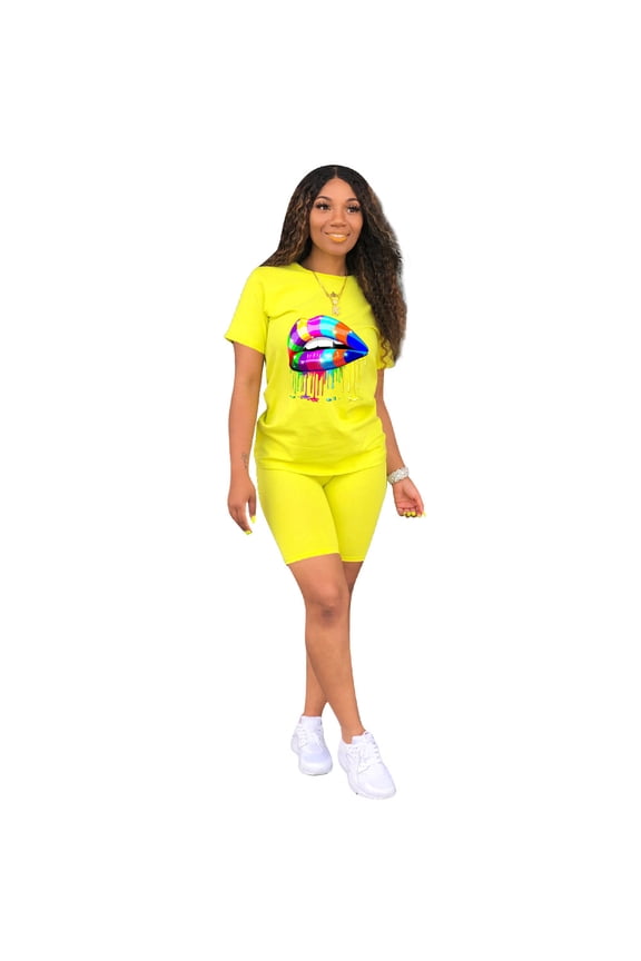 Women Two Piece Outfits Lips Rainbow Graphic Biker Short Set Workout Summer Tracksuits