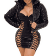 thumbnail image 1 of Akmipoem Women Winter Down Jacket PU Leather Shiny Puffer Coat Crop Short Outerwear, 1 of 5