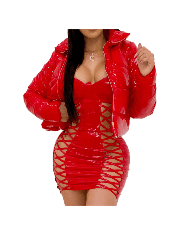 Women Winter Down Jacket PU Leather Shiny Puffer Coat Crop Short Outerwear