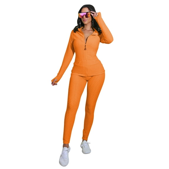 Akmipoem Womens 2 Piece Orange Tracksuit Set Full Zipper Front Jacket Leggings Workout Outfit Sweatsuit