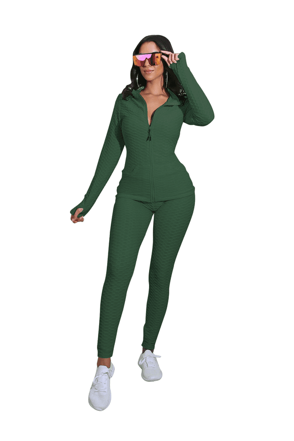 Womens 2 Piece Tracksuit Set Full Zipper Front Jacket Textured Leggings Workout Sweatsuit