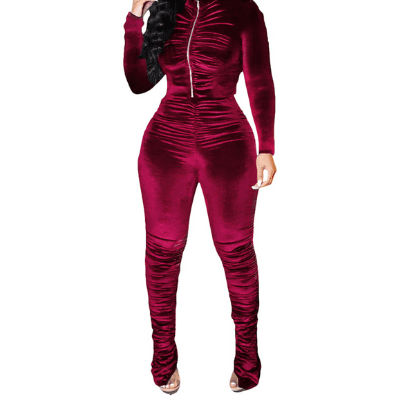 Akmipoem Womens 2 Piece Velour Tracksuit Ruched Front Top Zip up Jacket Velvet Joggers Sweatsuit