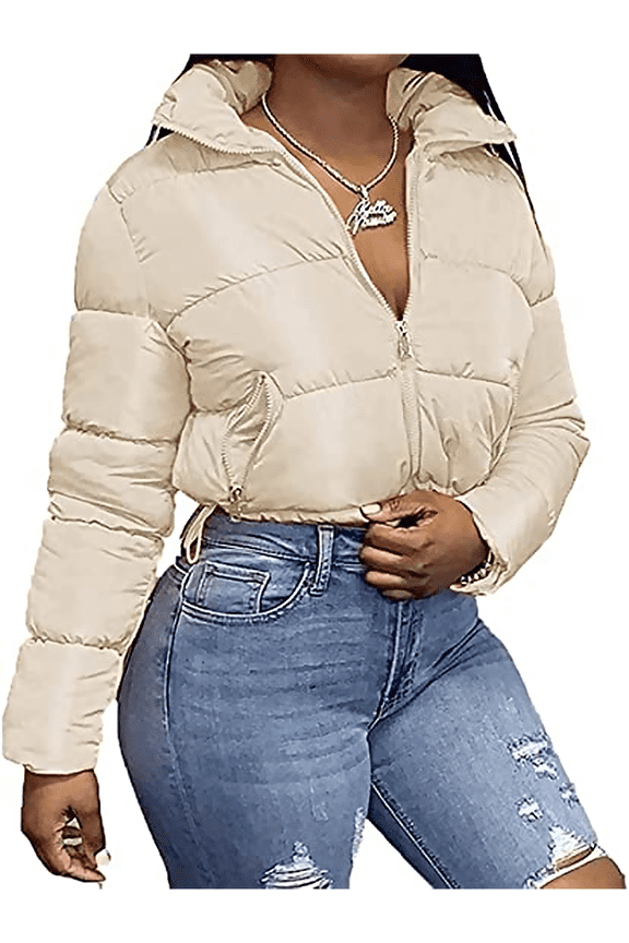Womens Cropped Puffer Jacket Zip Down Jacket Lightweight Down Coat Winter Quilted Padded Jacket