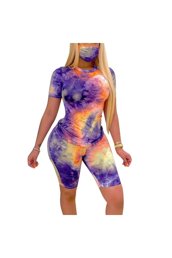 Womens Outfits Sets Summer Two Piece Biker Short Sets Tie Dye Yoga Track Suit