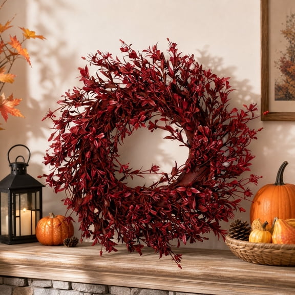 Akmoler 11.8" Fall Wreaths for Front Door Outside Large Autumn Wreath Burgundy - Large Full Handmade Fall Door Wreath for Home Porch Yard Farmhouse Halloween Thanksgiving Indoor Outdoor Decor
