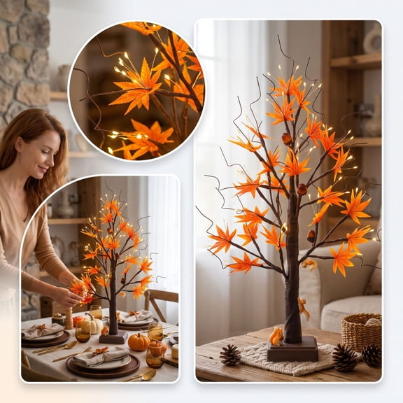 Akmoler Fall Maple Tree with 48LED USB Plug in Lighted, 24 in Tabletop Artificial Squirrels Tree with Pumpkin Acorn Maple Fall Centerpieces Indoor Fall Decor for Home Office Thanksgiving Table Decor