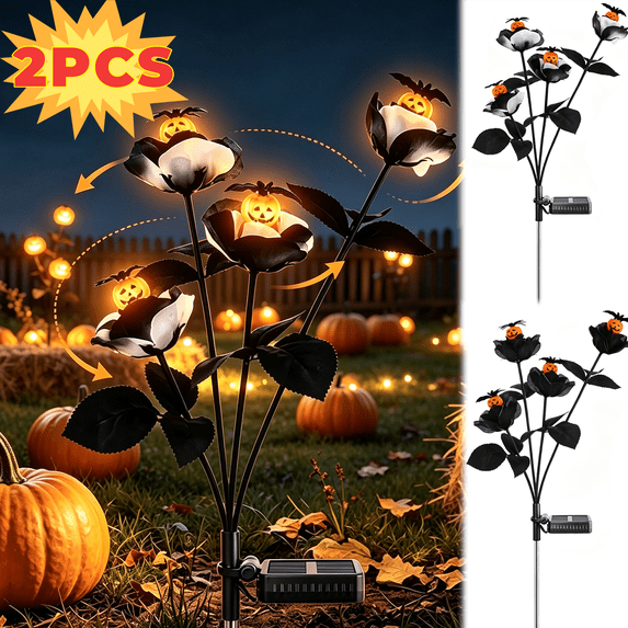Akmoler Halloween Decorative Outdoor Solar Lights,Pumpkin Dark Rose Swaying Lights, Waterproof Solar Lights Outdoor for Yard Garden Lawn Pathway Grave Decor (A - 2pcs)