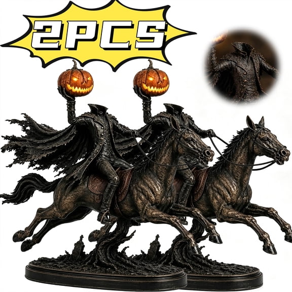 Akmoler Lighted Headless Horseman Statue, 2PCS Resin Light Up Headless Horseman Riding Horse Statue with Pumpkin Head Sculpture, Warm Glow LED for Halloween Mantel, Shelf, Tabletop and Home Decor