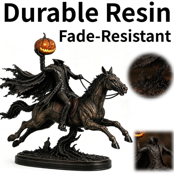 Akmoler Lighted Headless Horseman Statue, Resin Light Up Headless Horseman Riding Horse Statue with Pumpkin Head Sculpture, Warm Glow LED for Halloween Mantel, Shelf, Tabletop and Home Decor