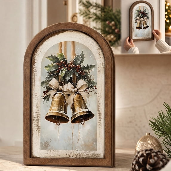 Akmoler Vintage Christmas Bell Wall Art Decor - Old Money Aesthetic Room Decor, Artwork for Mantel Tabletop (4.9" x 7.8") - B