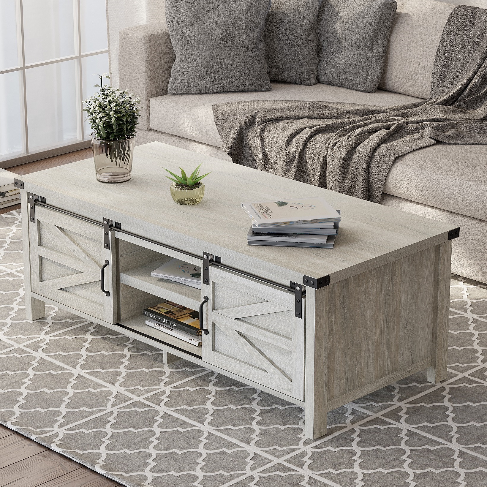 AkoaDa 48 Inch Farmhouse Coffee Table with Sliding Barn Door,Wood