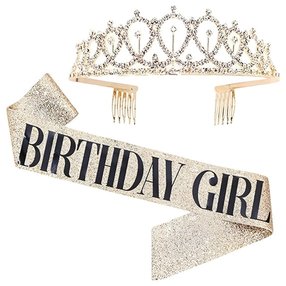 AkoaDa Birthday-Girl Sash Tiara Crown Set, Sparkling Crown with the Same Shoulder Strap Birthday Gifts Decorations for Girls Women(Gold)