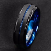 TATAMUMU AkoaDa Men's Fashion 8mm Black Brushed Ladder Tungsten Edge Ring Blue Groove Men Wedding Ring Gifts For Men