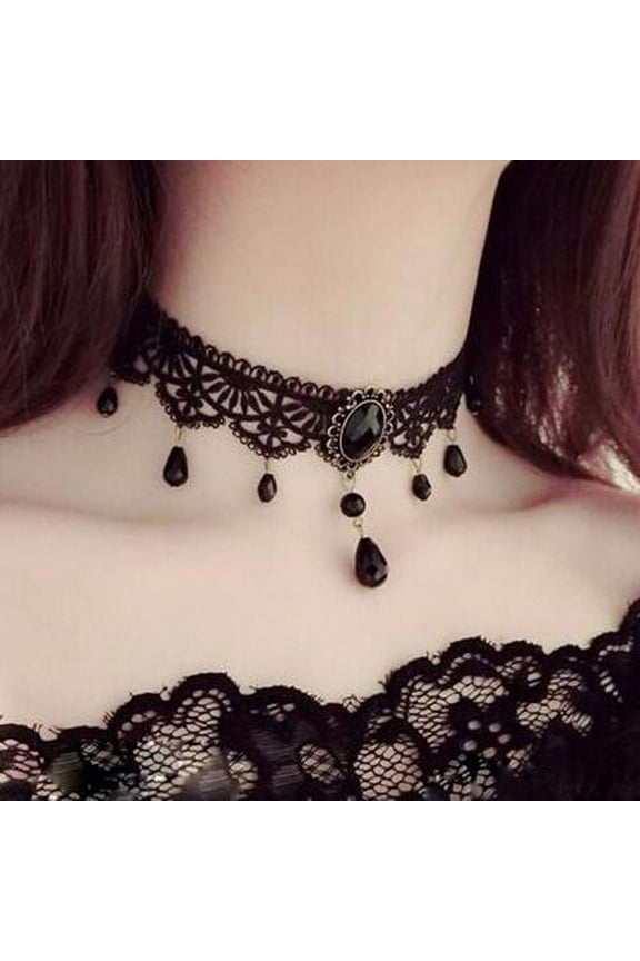 Vintage Black Lace Choker Necklace Crystal Pendant Clavicle Chain Women Jewelry Gift