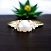 SHREENATHJEWELRY Akoya Pearl Bridal Wedding Ring Yellow Gold Prong Set Ring CZ Diamond Alternative Fine Women Jewelry Freshwater Pearl Promise Ring Birthday Gift For Bestfriend