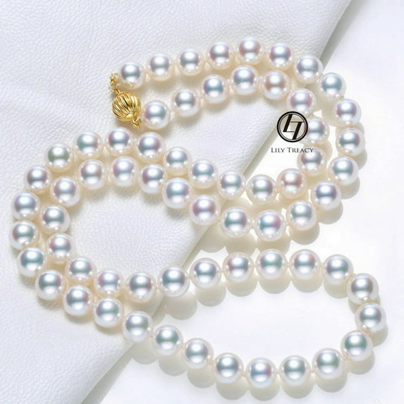 Akoya Pearl Necklace strand 8-8.5mm 14K gold clasp japanese white 18" bridal wedding( Fisheye Clasp)