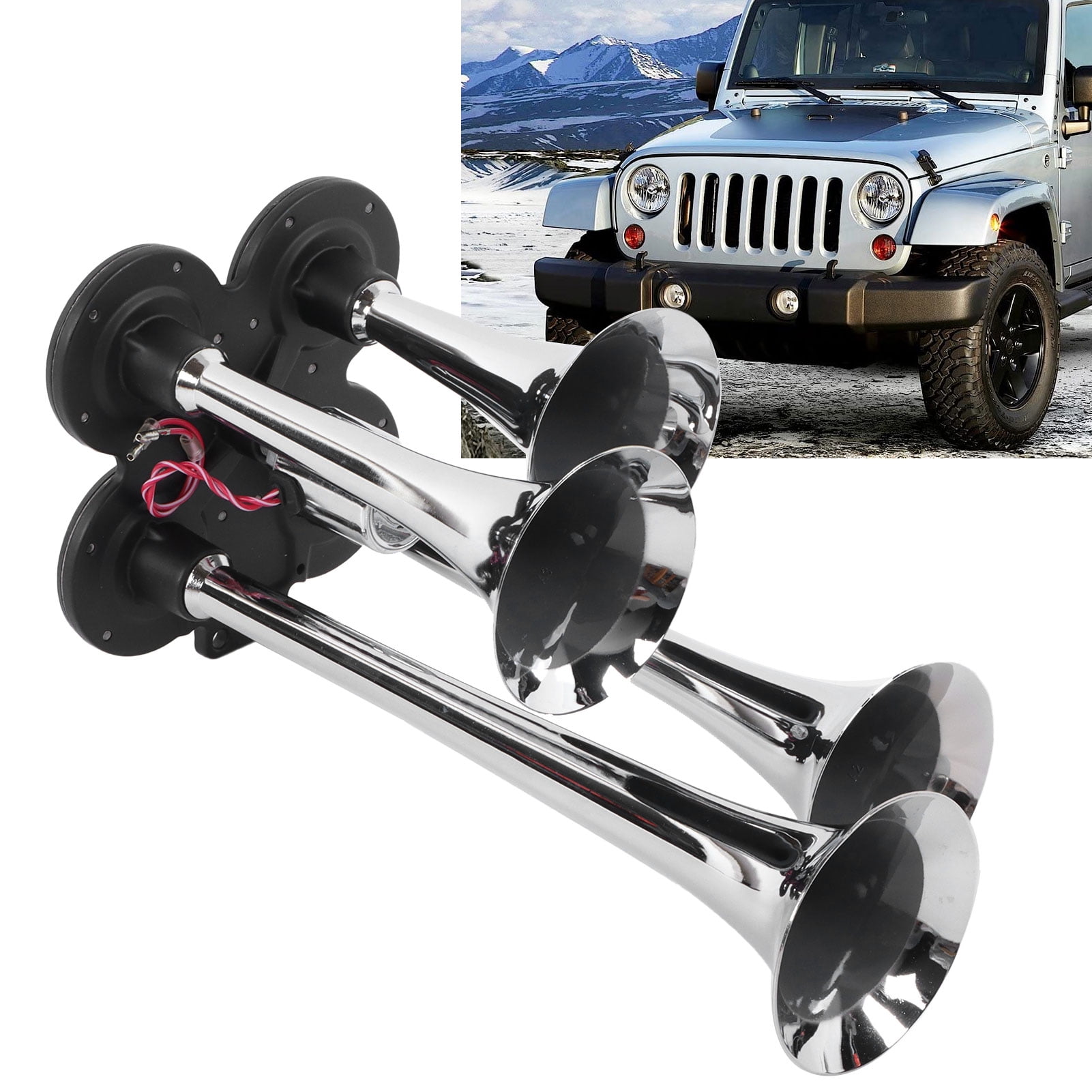 Akozon Air Horn, 150dB 12V24V Airhorn 4 Trumpet For Trains Trucks Cars