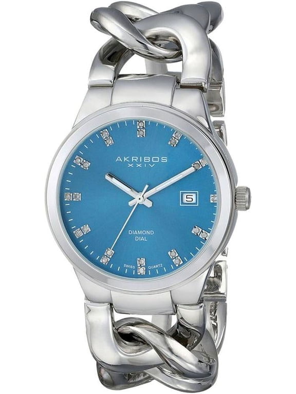 AK759SSTQ Swiss Quartz Date Turquoise Diamond Silvertone Womens Watch
