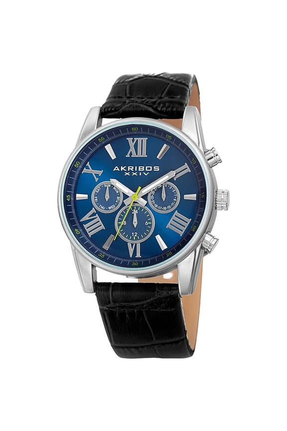 XXIV AK911SSBU Quartz Day Date GMT Multifunction Blue Dial Black Leather Strap Mens Watch