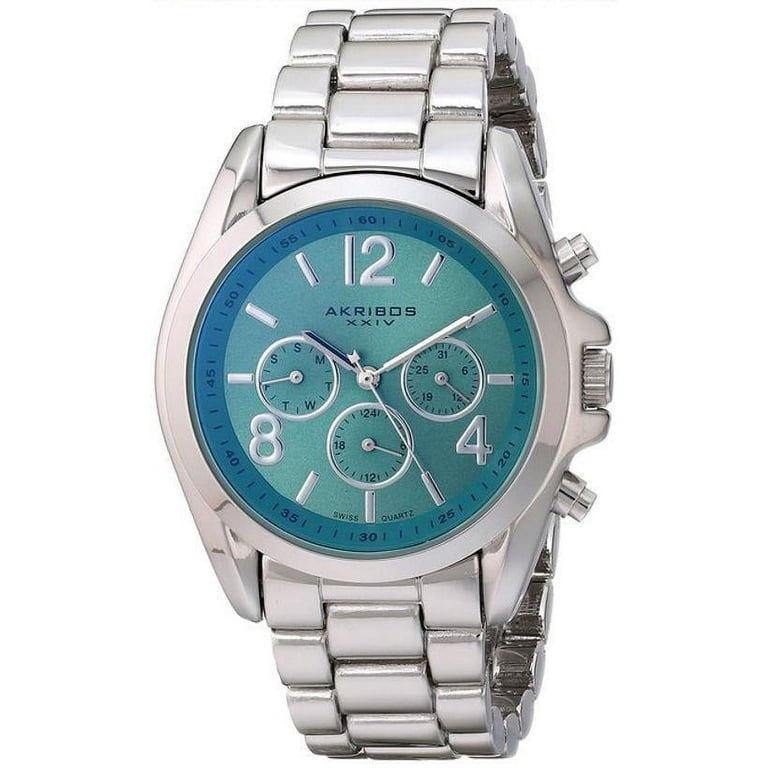 Akribos XXIV Women s Swiss Quartz Multifunction Bright Colored Dial Silver Tone Bracelet Watch