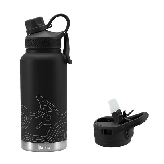 Akrivia Stainless Steel Insulated Metal Water Bottle - 32oz / 1 Liter - Stealth Black