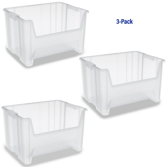 Akro-Mils Stak-N-Store 13017 Large Storage Bins, Stackable Heavy Duty Containers, 15"x20"x12.5", Clear, 3-Pack