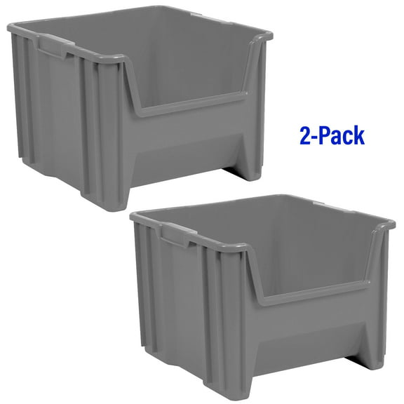 Akro-Mils Stak-N-Store 13018, Large Storage Bins, Stackable Heavy Duty Containers, 17.5"x16.5"x12.5", Gray, 2-Pack