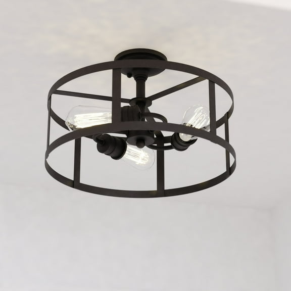 Akron 15-in W Bronze Farmhouse Round Cage Semi Flush Mount Ceiling Light