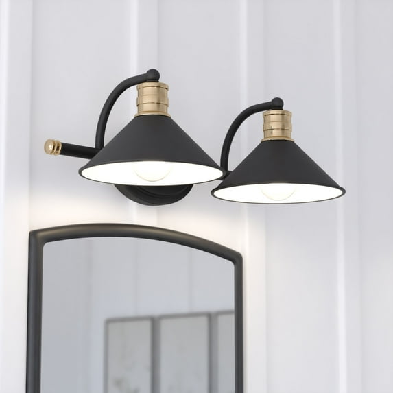 Akron 2 Light Matte Black with Gold Brass Accents Industrial Bathroom Vanity Wall Fixture - Metal Shades