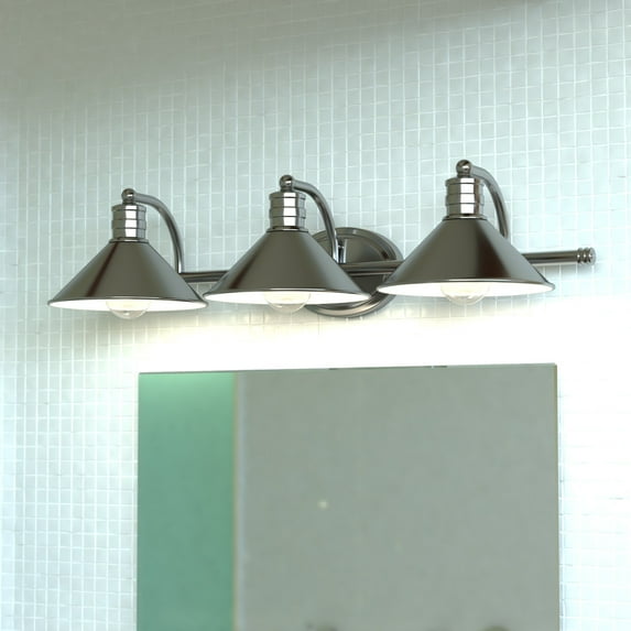 Akron 28-in Satin Nickel Farmhouse Barn Wall Sconce, 3 Light Bathroom Vanity Fixture, Metal Shade, White Interior