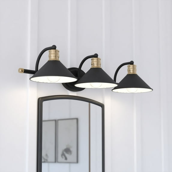 Akron 3 Light Matte Black with Gold Brass Accents Industrial Bathroom Vanity Wall Fixture - Metal Shades