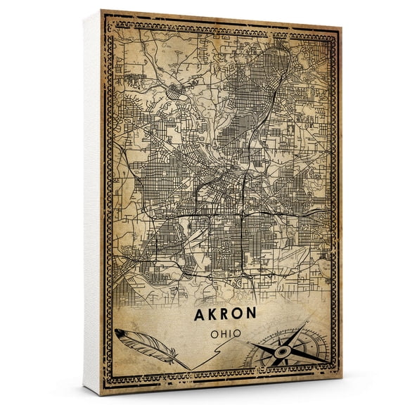 Akron Vintage Map Prints Canvas, Ohio Map Art Canvas, Canvas, Akron Map City style Watercolor art Canvas