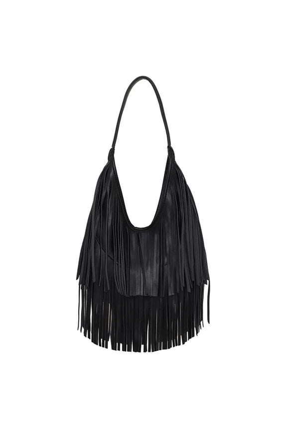 Fringe Tote Bag for Women, Large Capacity Leather Shoulder Bag for Work, Black/Brown Handbag
