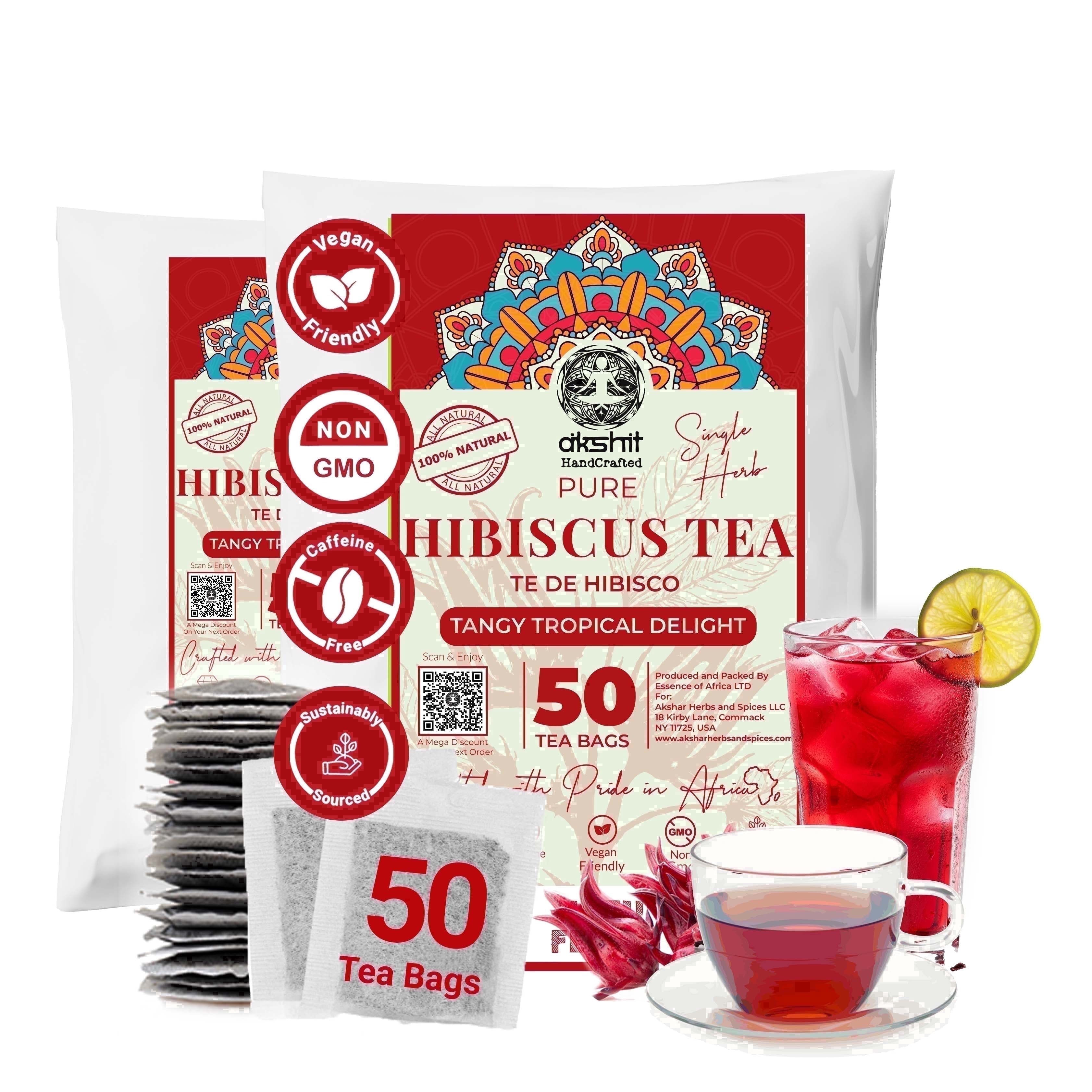 Akshit Hibiscus Tea Bags, Natural Hibiscus Flowers,  50 Count, Caffeine Free Herbal Tea, Calming & Refreshing. Pack Of 2