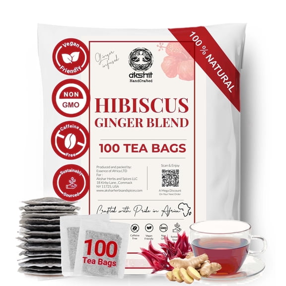 Akshit 100 Hibiscus Tea Bags, 100% Natural Hibiscus  Flowers with ginger, Aromatic Tea,  Caffeine-Free, Sugar-Free, Non-GMO