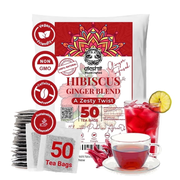 Akshit 50 Hibiscus  Tea Bags , Premium Hibiscus Tea with Ginger , Caffeine-Free , Sugar Free , Refreshing Wellness Herbal Tea Blend