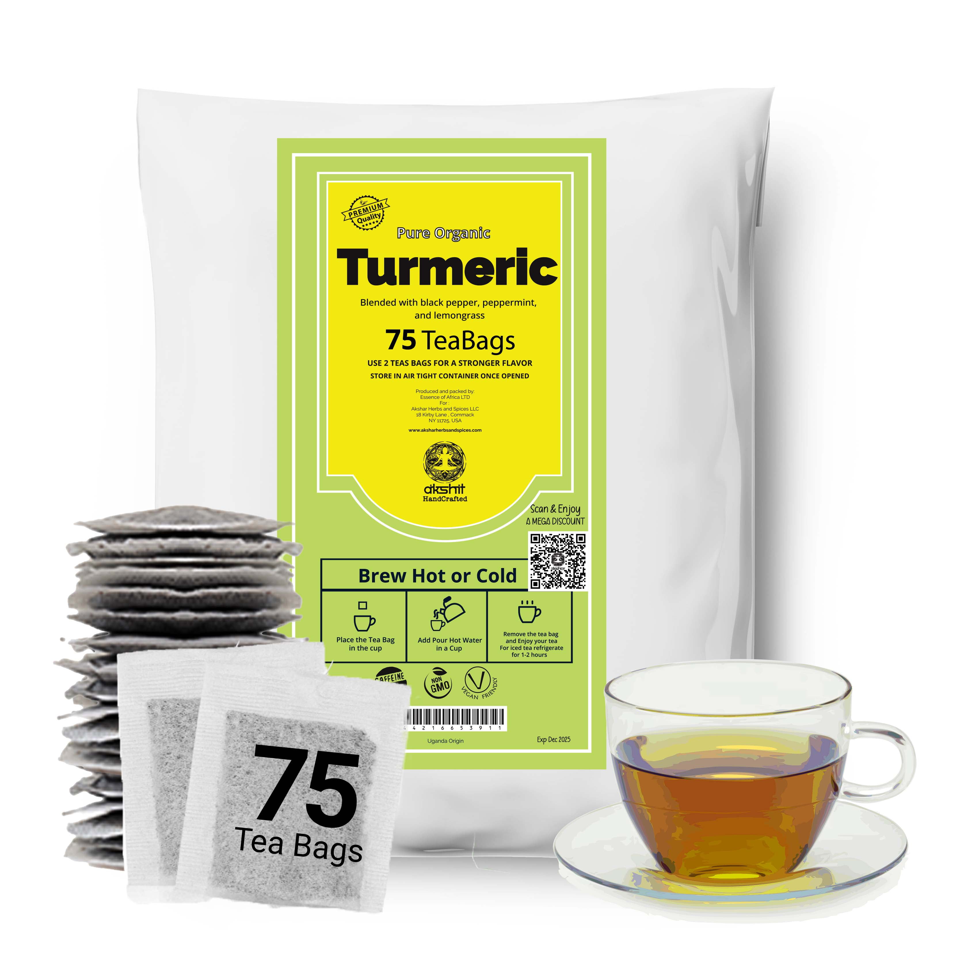 Akshit 75 Organic Turmeric Tea Bags, Turmeric Black Pepper Tea