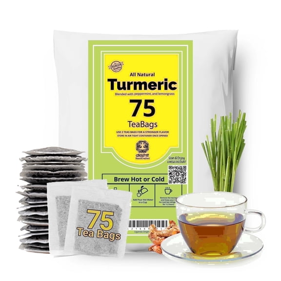 75 Turmeric Tea Bags, 100% Natural Turmeric with Black Pepper, Herbal Tea, Caffeine Free, Non GMO - Akshit