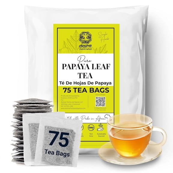 Premium 75 Papaya Leaf Tea Bags, Natural And Pure Leaf Herbal Tea, Dried Papaya Leaves Caffeine-Free No Sugar, No Gluten, Vegan By Akshit