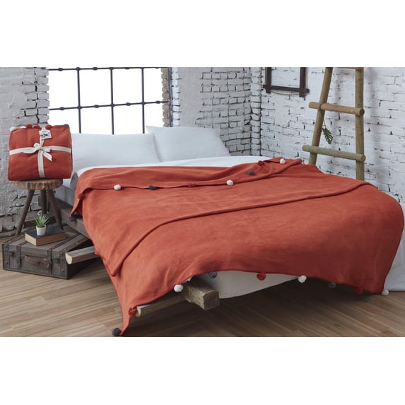 Aksu Single Puff Blanket with Pompom 150x200 Tile