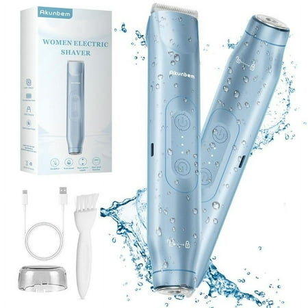 Akunbem Bikini Trimmer for Women, Electric Shaver and Razor Rechargeable 2-in-1 Body and Facial Epilator, Dual Heads for Painless Trimming of Pubic Hair, Face, Underarms and Legs, IPX7 Waterproof