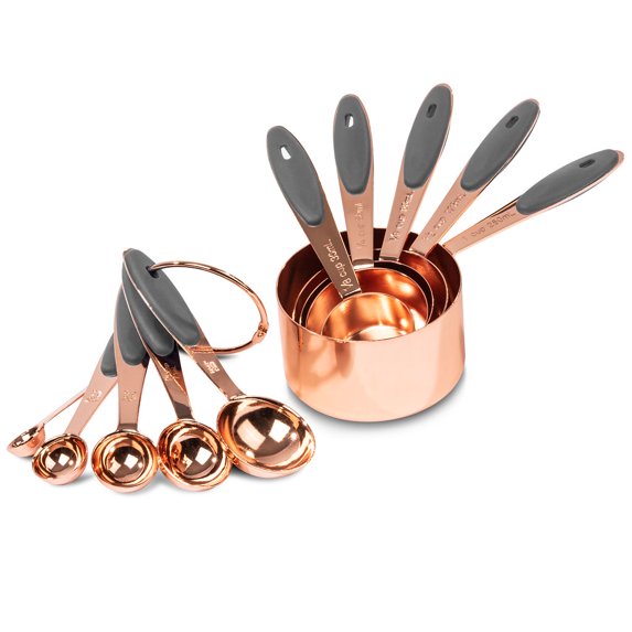 Akurn 10-Piece Measuring Cup and Spoon Set, Includes 5 Measuring Cups and 5 Measuring Spoons, Copper-Plated Stainless Steel Measuring Cups and Spoons with Gray Non-Slip Silicone Grips, Dishwasher Safe