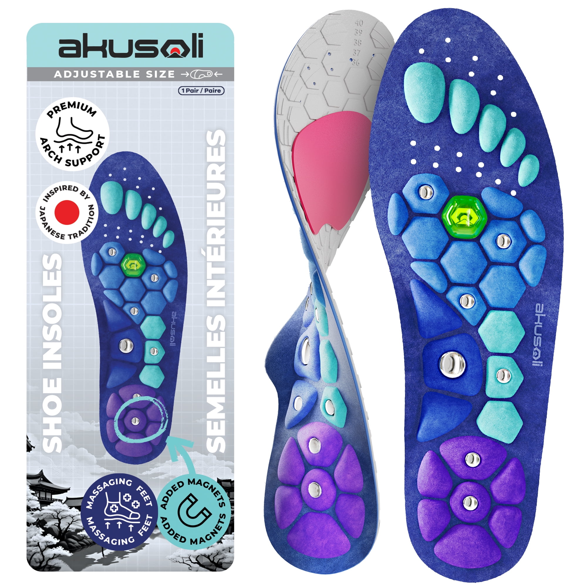 Akusoli | Magnetic Acupressure Shoe Insole for Pain, Feet Fatigue Relief US5-10 (10.6in)