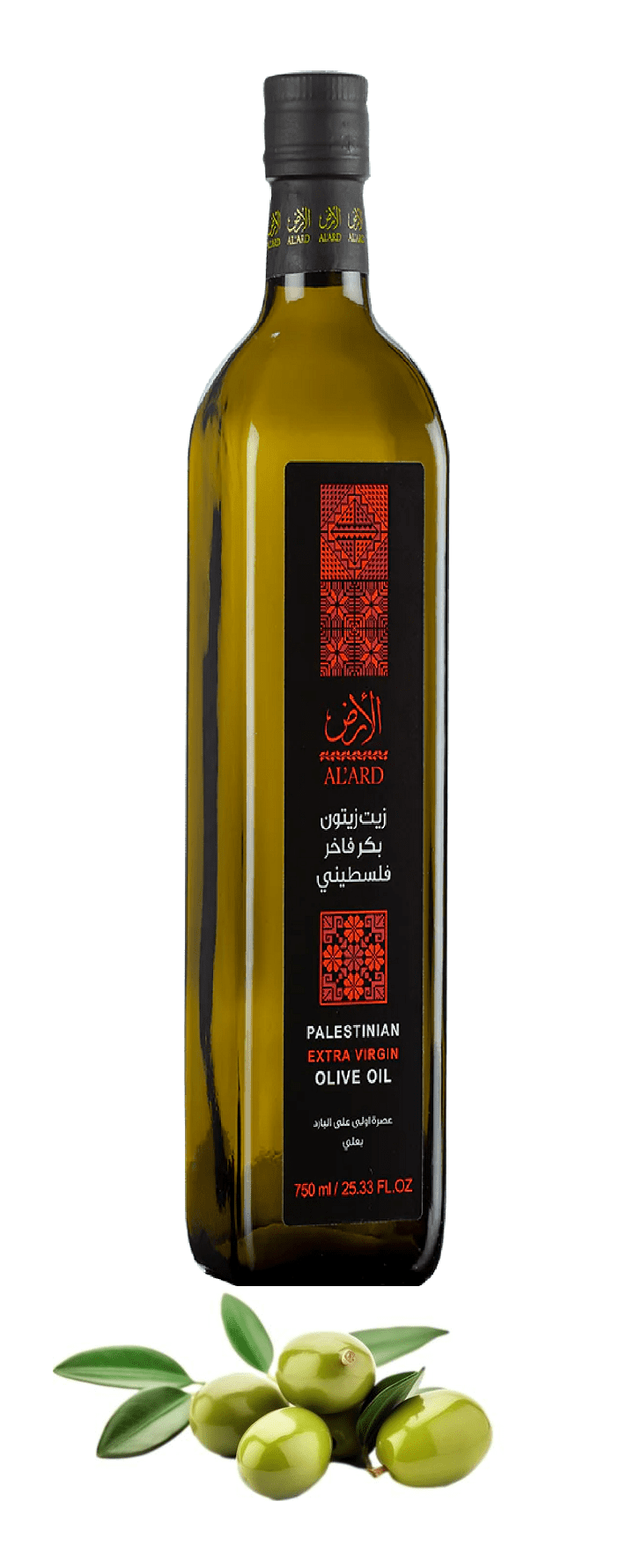 Al'ARD Extra Virgin Olive Oil First Cold Pressed 750mL / 25.36fl.oz. One (1) Bottle - زيت زيتون الأرض الفلسطيني