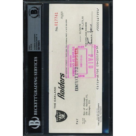 Al Davis Autographed Check Oakland Raiders Auto Grade Gem Mint 10 Beckett BAS #17856675