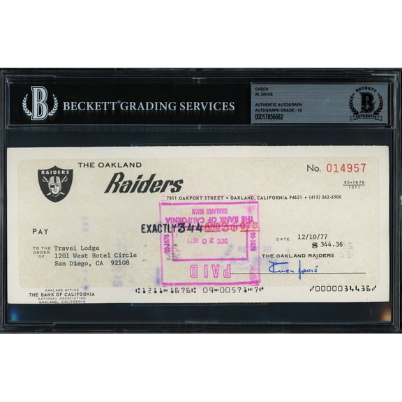 Al Davis Autographed Check Oakland Raiders Auto Grade Gem Mint 10 Beckett BAS #17856682