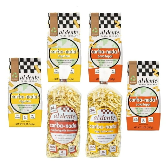 Al Dente Carba-Nada Variety 6-Pack – Low Carb, High Protein Pasta. Includes Cavatappi, Rigatoni, Egg & Roasted Garlic Fettuccine. Keto & Diabetic Friendly, Non-GMO, Cage-Free Eggs