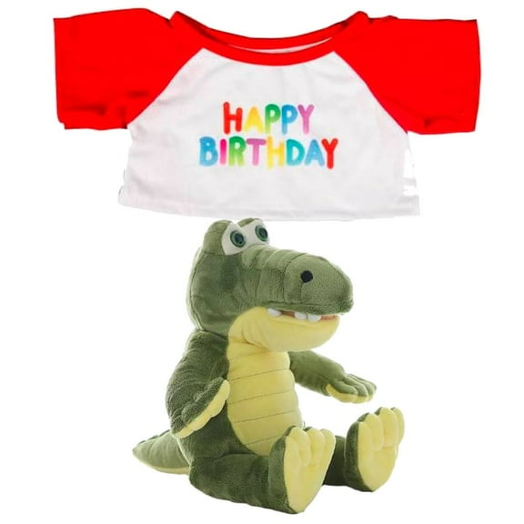 Al E Gator Plush Toy In Happy Birthday T-Shirt with Red Sleeves - 8 Inch Gator Stuffed Animal, Cute & Soft Cuddly Birthday Teddy Bear, Gift for Kids, Birthday Decor, Party Favor