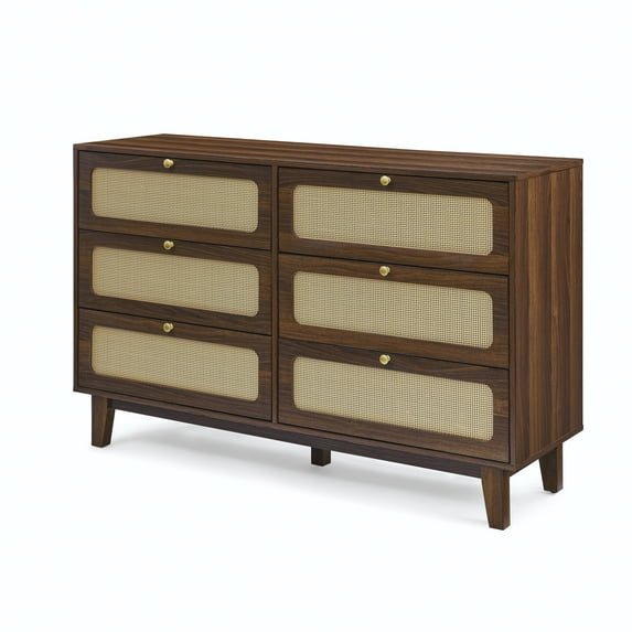 Al Fresco 6 Drawer Dresser, Modern Storage Wide Chest of Drawers, 3 Layer Storage Organization Unit for Bedroom Living Room Entryway, Natural Walnut