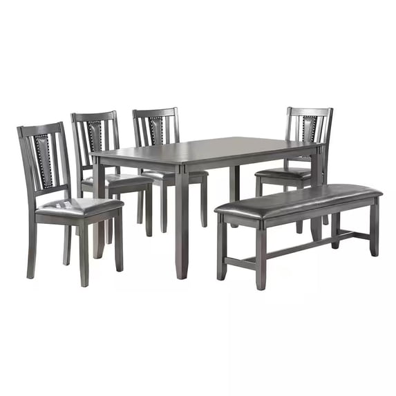 Al Fresco Classic 6 Piece Dining Set for 6 Includes a Square Kitchen Table with Cushion Side Chairs and Bench, Rubberwood, Gray